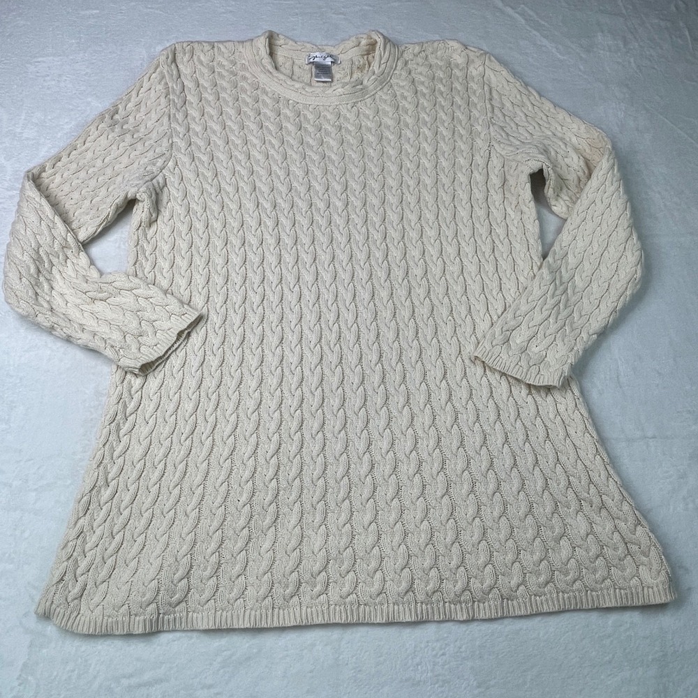 Spiegel Women XL Cream Cable Knit Sweater 100% Cotton Crew Neck Long Sleeve